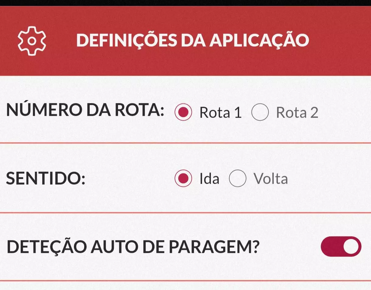 Definições da aplicação: opções de rota, sentido e deteção automática de paragem.